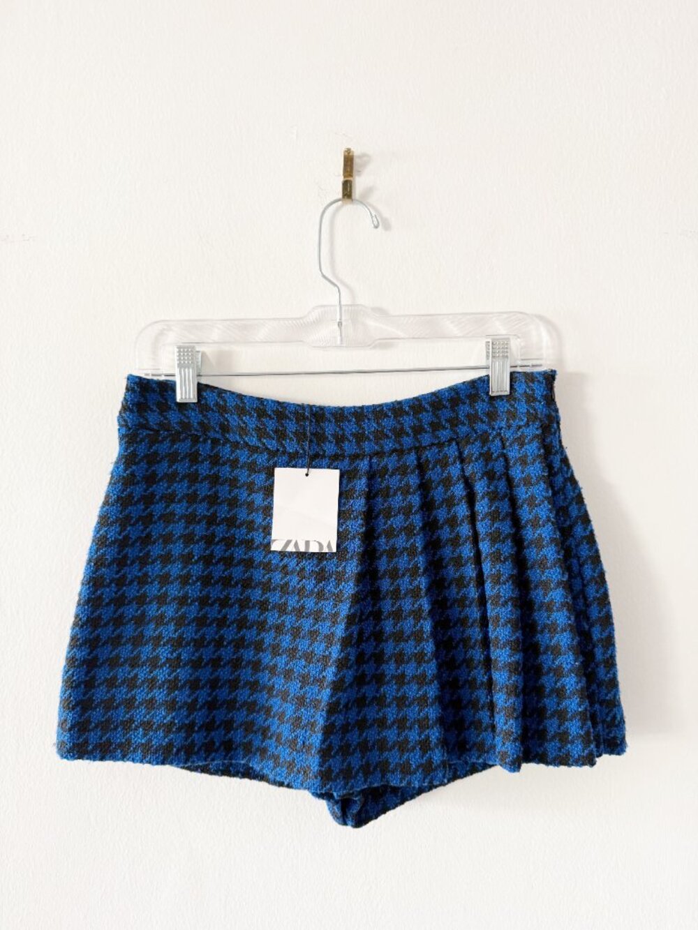 NEW Zara Blue & Black Houndstooth Pleated Mini Skort / Skirt 8858/030 Size Small